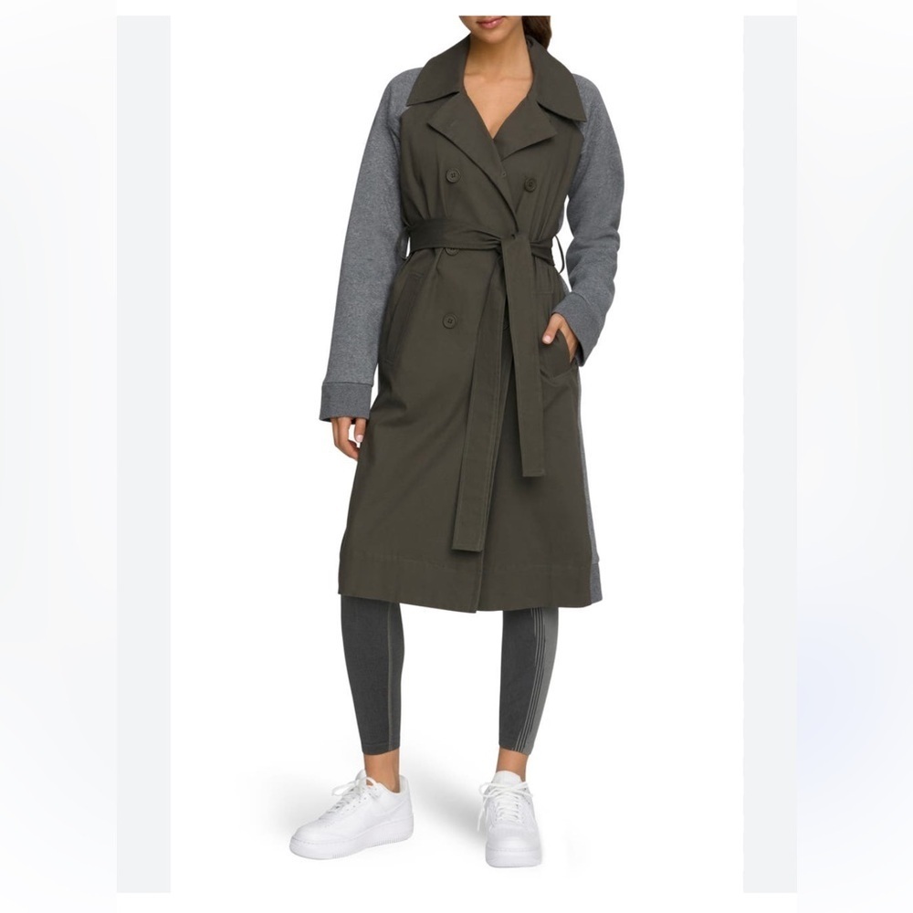 EUC Good American 2 Tone Olive Gray Fleece Mixed Media Midi Trench